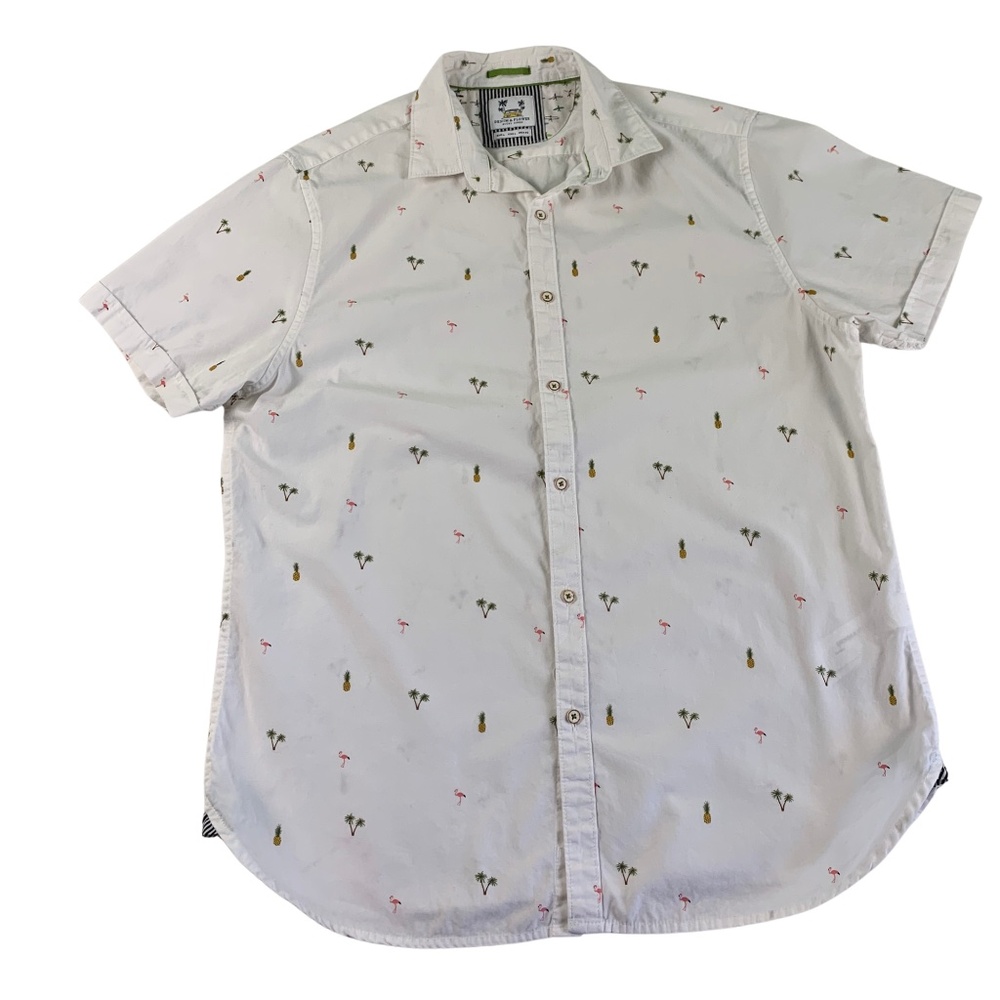 Denim & Flower Ricky Singh Cherries Pineapples Flamingos Shirt Men's L Summer